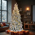 7 FT Snow Flocked Pre-lit Artificial Pencil Christmas Tree, Hinged Xmas Pine Tree With 1100 Branch Tips And 400 Lights For Holiday Party Office Home, Snowy Green