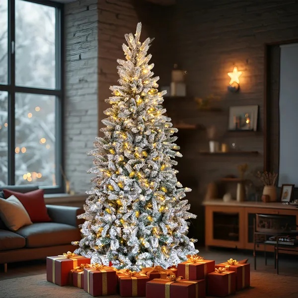 33e603db-7e23-48c0-af8a-d415f2455702.jpg 7 FT Snow Flocked Pre-lit Artificial Pencil Christmas Tree, Hinged Xmas Pine Tree With 1100 Branch Tips And 400 Lights For Holiday Party Office Home, Snowy Green - Image 1