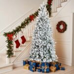 7 FT Snow Flocked Pre-lit Artificial Pencil Christmas Tree, Hinged Xmas Pine Tree With 1100 Branch Tips And 400 Lights For Holiday Party Office Home, Snowy Green - Image 5
